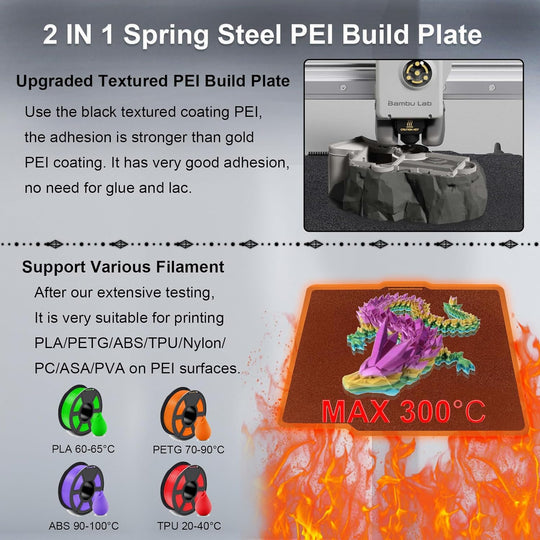 IdeaFormer Double Sided Textured Black PEI Spring Steel Build Plate, 257x257mm for Bambu Lab P1P/P1S/X1C/X1/X1E/A1