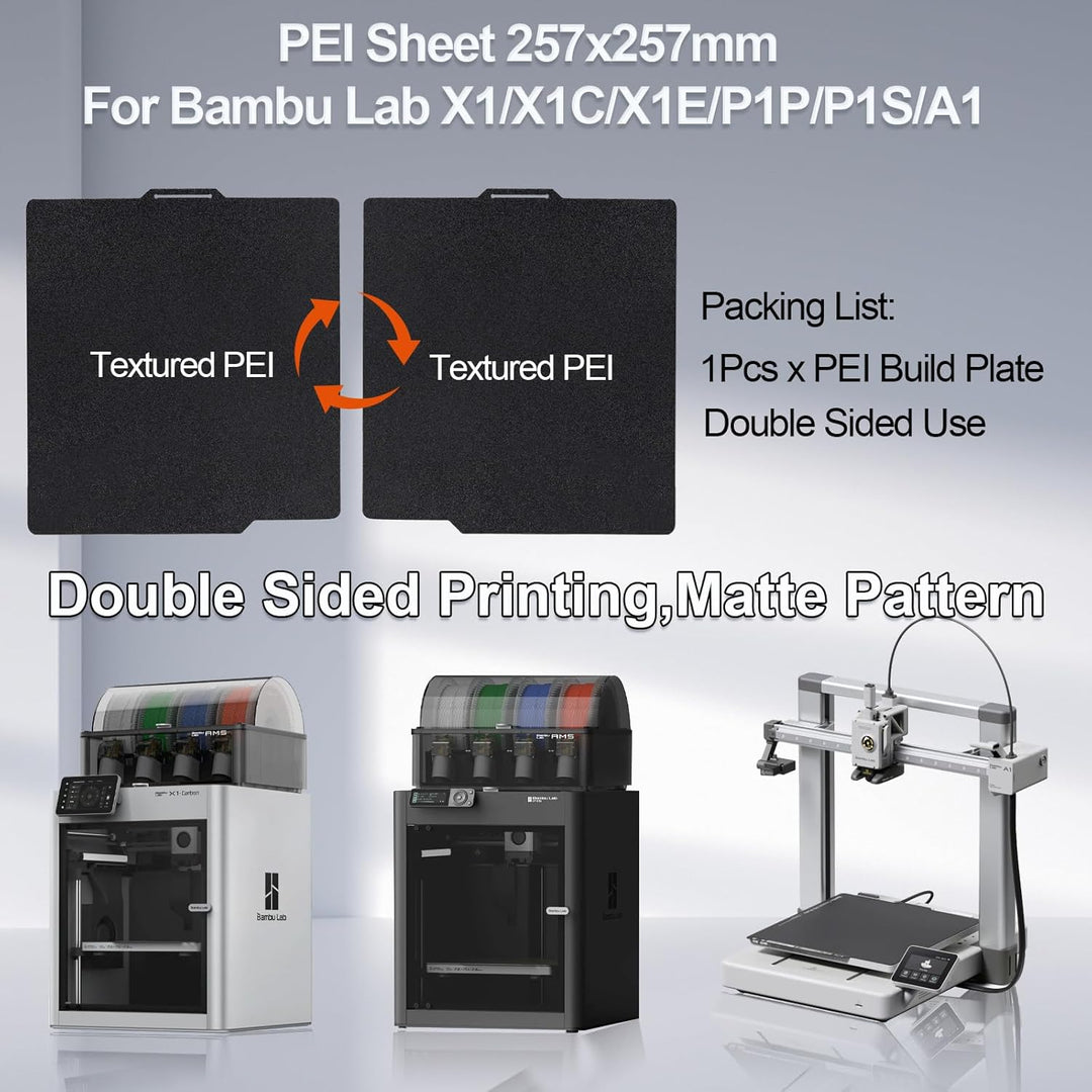 IdeaFormer Double Sided Textured Black PEI Spring Steel Build Plate, 257x257mm for Bambu Lab P1P/P1S/X1C/X1/X1E/A1