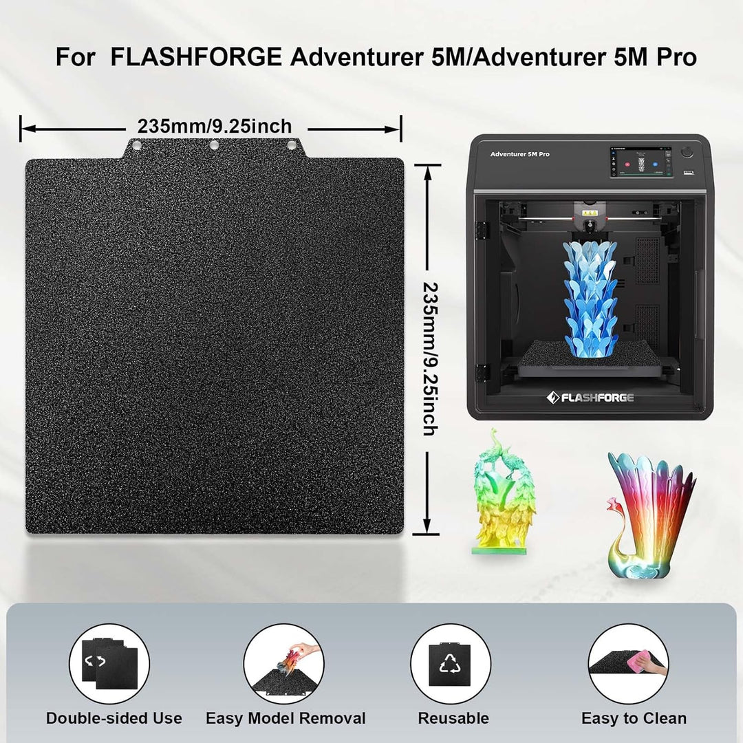 IdeaFormer Double-Sided Textured Black PEI Spring Steel Build Plate, 235x235mm for Flashforge Adventurer 5M/5M Pro/AD5X