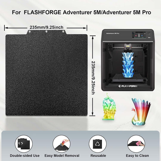 IdeaFormer Double-Sided Textured Black PEI Spring Steel Build Plate, 235x235mm for Flashforge Adventurer 5M/5M Pro/AD5X