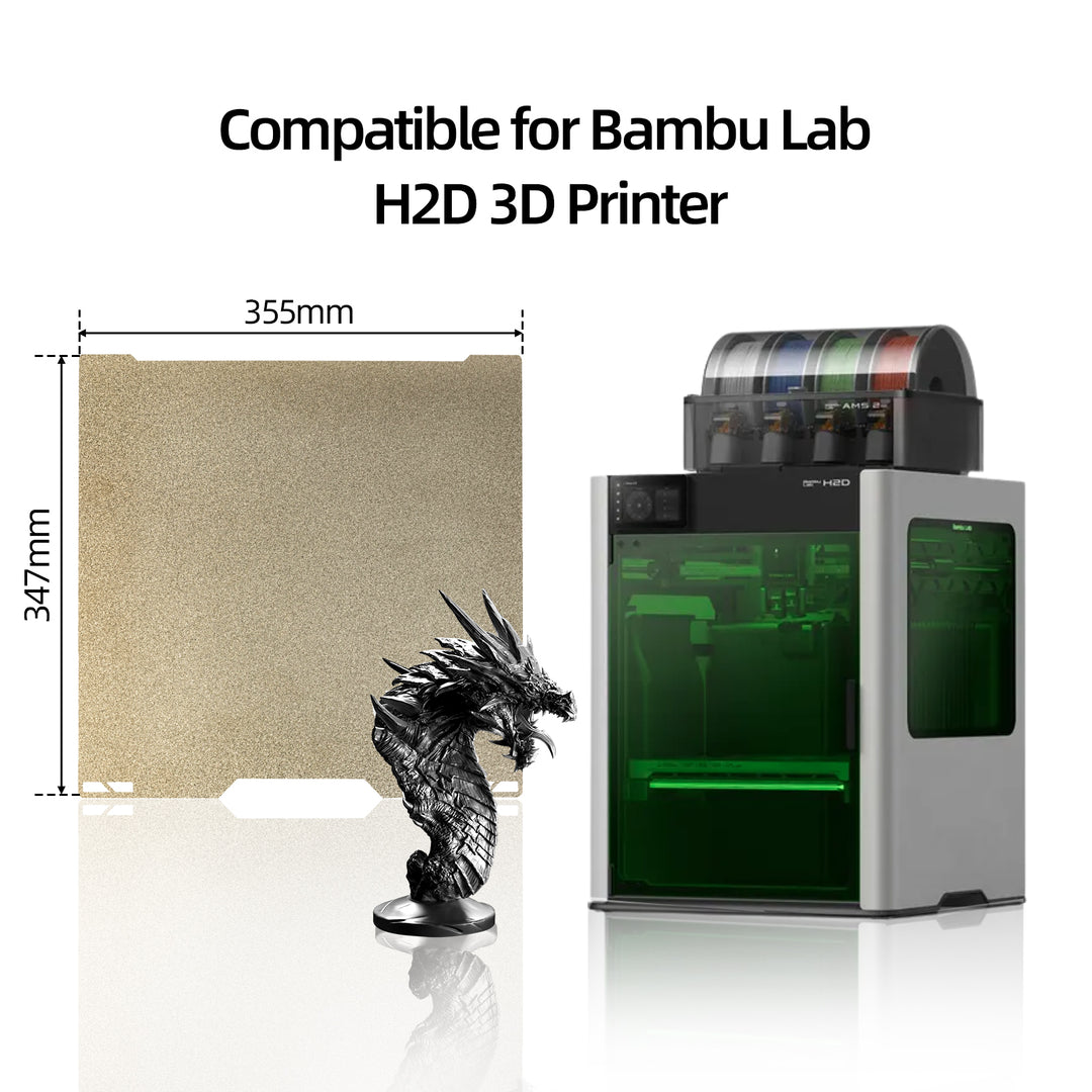 IdeaFormer Double Sided Gold Textured PEI Spring Steel Build Plate, 346×355mm for Bambu Lab H2D, 350mmx320mm Print Size